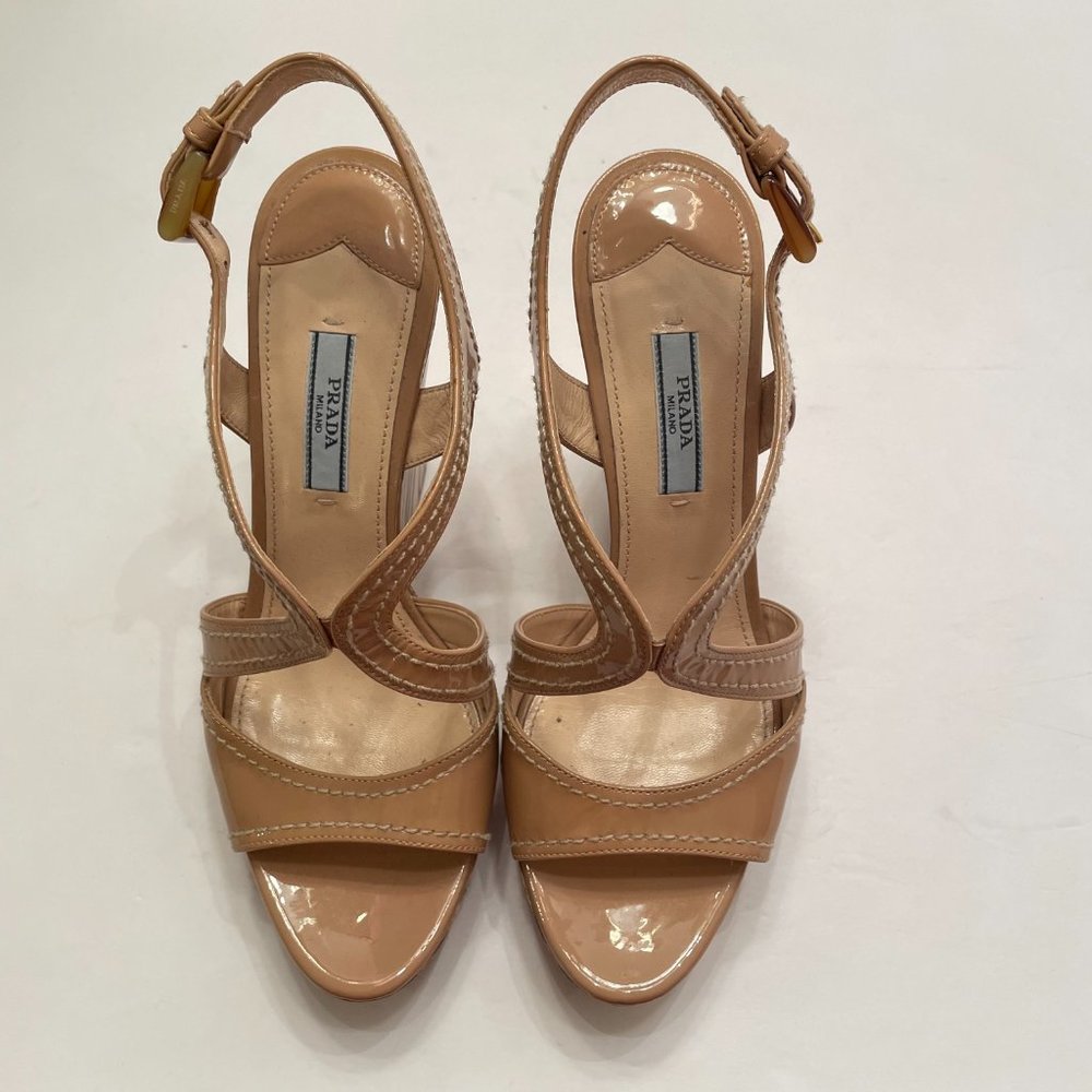 Prada Beige Patent Leather Wooden Wedge Sandals - image 3